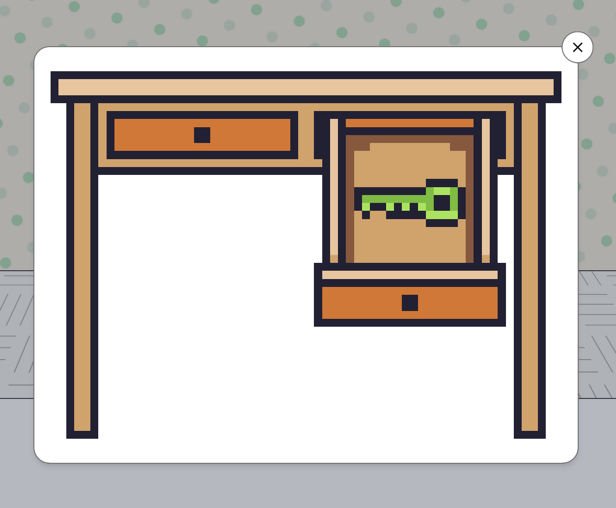 一个像素画的书桌，有一个打开的抽屉，里面有一把绿色的钥匙。